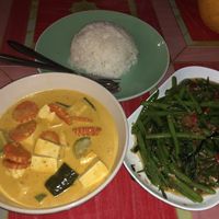 Red curry tofu, rice, morning glory = 150 baht  at Ying Ying's Kitchen in Koh Phangan