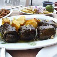 Ntolmadakia gialantzi (stuffed leaves) with potatoes at Babis Taverna 1979 in Galatas