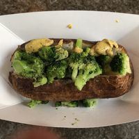 Baked potato with broccoli and mustard.  at Disneyland -Troubadour Tavern in Anaheim