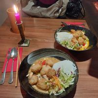 Vegan chicken with peanut sauce (front, V7) and vegan chicken with red thai Curry sauce (back, V6) at Feel Seoul Good in Berlin