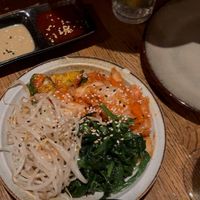 Side dishes were fine. Kimchi with cucumber salad, bean sprout muchim, Spinach muchim  at Feel Seoul Good in Berlin