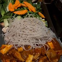 BBQ comes with soy meat, glass noodle and vegetables with mushrooms. The sauce for meat was off  so it made Japchae tastes off too. Vegetables like green bean and bok choy?   at Feel Seoul Good in Berlin
