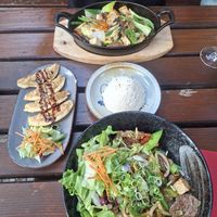 Mixed ‘meat’ udon, gyoza, and tofu ginger/garlic with rice   at Feel Seoul Good in Berlin