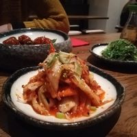 Kimchi (homemade), seaweed salad, and Ketchup crunch at Feel Seoul Good in Berlin
