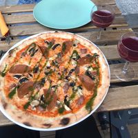 Vegan pizza. Definitely recommend the garlic basil sauce topping!  at Happiz - Monge in Paris