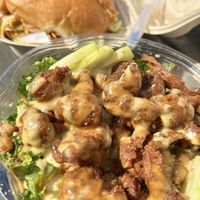 Shhcken Caesar salad and a PBQ Burger  at Vegan Junkie - Tavern Flower Food Truck in Fort Lauderdale