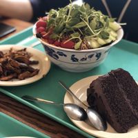 Salad and chocolate cake  at Dharma's in Capitola