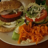 Swabian Burger( Made of SunflowerSeeds) with salad. Great! at Yoyo Foodworld in Berlin
