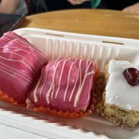Cakes from Vegan Bay Baker. The French Fancies are huge!  at Spider on a Bicycle in Aboyne