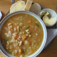 Vegan soup with vegan butter at Spider on a Bicycle in Aboyne