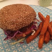ordered beyond meat burger and sweet potato fries at Plain in Vienna