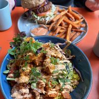 Vegan shrimp bowl and beyond burger  at Plain in Vienna