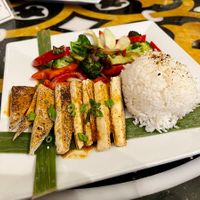 Plate with Kalbi Tofu, rice, and house veggies at Seedz Cafe in Steamboat Springs