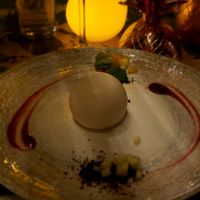 Vegan sphere filled with caramel sauce at Bidasoa Restaurant at Hotel Bidasoa in Santiago