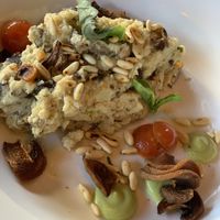 Risotto de coliflor, con setas tostadas, pine seeds, cherry tomatoes, albahaca.  at Bidasoa Restaurant at Hotel Bidasoa in Santiago