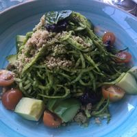 Fetuccino de zuchini al pesto. Plato crudivegano at Bidasoa Restaurant at Hotel Bidasoa in Santiago