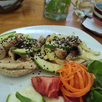 Bagel with humus at Elephant Garden in Puerto Escondido