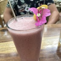 Strawberry milkshake made with homemade almondmilk.  at Elephant Garden in Puerto Escondido