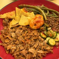 Vegan Planted Bowl featuring seasoned vegan steak, lentils, veggies, and I think their house-made vegan cheese  at Soup in Town in Lucca