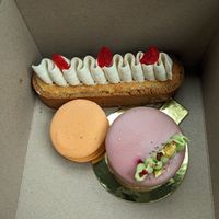 Orange macaron, cherry tart thing, and raspberry pistachio mousse at Pastel & Coco in Gatineau