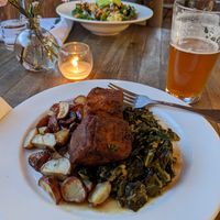 Chicken fried tofu with baby potatoes and greens. at The Stand Vegan Cafe in Fairfield
