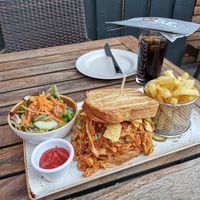 Vegan Long Island Pulled BBQ sandwich with fries at T.R.U.D.E. in Hamburg