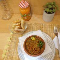 Vegan appetizer (most of them are vegan). This is mashed eggplant with olive, garlic and tomato ! It's almost like a babaganoush. at Veggie Pause  in Fes