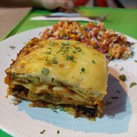 Vegetarian Lagsange with salad (ebly, red cabbage, onions, cucumber, tomato) at Veggie Pause  in Fes