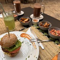 Hot chocolates with coconut milk, lemon mint juice, Giulia burger  at Veggie Pause  in Fes