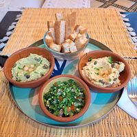 Hummus and tabouleh with bread sticks at Veggie Pause  in Fes
