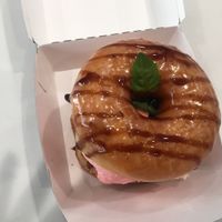 Glazed doughnut, strawberry ice cream and balsamic reduction  at Donut Friend - DTLA in Los Angeles