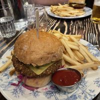 Vegan burger with vegan fries   at Park Distillery in Banff