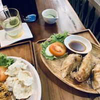 Vegan noodles and gyzo dumplings at BunBaliCafe in Ubud