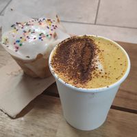 Birthday cake muffin and cacao tumeric coffee at WAVE in East London