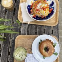 Carrot lox bagel and pancakes   at WAVE in East London