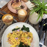 Gluten free pancakes with tofu and kale & chickpea tuna bap  at WAVE in East London