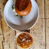 Breakfast brioche and iced soy milk coffee at WAVE in East London