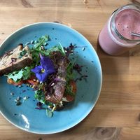 Classic pesto, cheese & tomato toastie & watermelon smoothie  at WAVE in East London