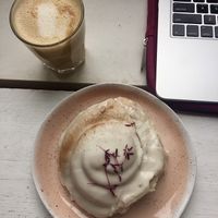 Cinnamon roll and a peanut butter coffee at WAVE in East London