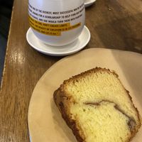 Vegan hot chocolate and apple cake at Blue Stripes Cacao Shop in New York City