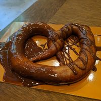 Pretzel drizzled in vegan Nutella (normal they dip in dark chocolate but I love hazelnuts) at Blue Stripes Cacao Shop in New York City