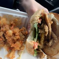 Teriyaki sandwich with a side of potato salad  at Sage Against The Machine in Bellingham