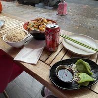 Lunch offer: salt and pepper style tofu and veg, side of rice, and steamed dumplings    at Spicy Moon - 6th St in New York City