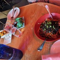 Dan Dan noodles, Veggie Dumplings and Bao Bun at Spicy Moon - 6th St in New York City