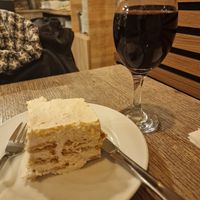 Bounty cake yum! With house red wine at Jardim das Cerejas - Chiado in Lisbon