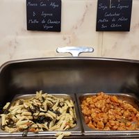pasta with seaweed on left, tasty soya chunks on right at Jardim das Cerejas - Chiado in Lisbon
