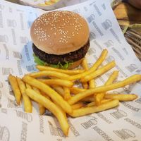 Black bean burger with fries at Burgershack in Kampot