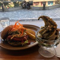 Okinawa multigrain burger and moringa salt sundae at Rakuen Cafe in Naha