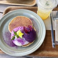 Pancakes with purple sweet potato  at Rakuen Cafe in Naha