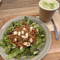Taco rice and soy milk matcha   at Rakuen Cafe in Naha